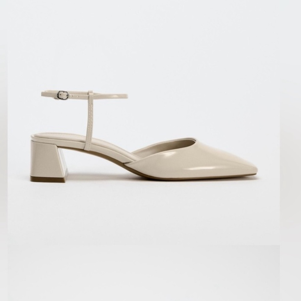 Zara Cream Block Heel Square Toe Heels